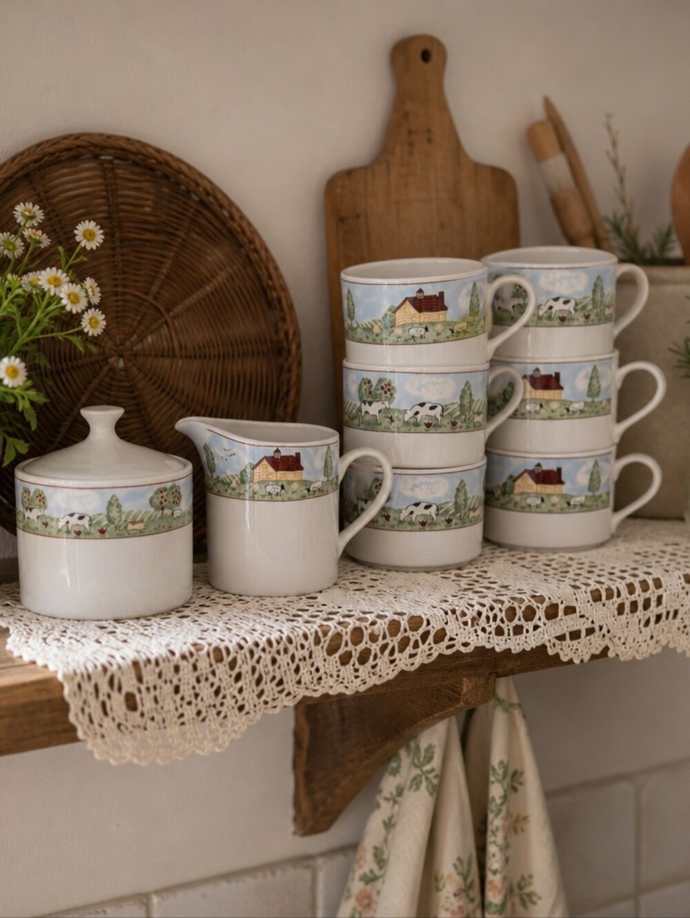 Country Roads Stoneware Creamer Set & Cups Set – Farm Scene – Country Naïf Style